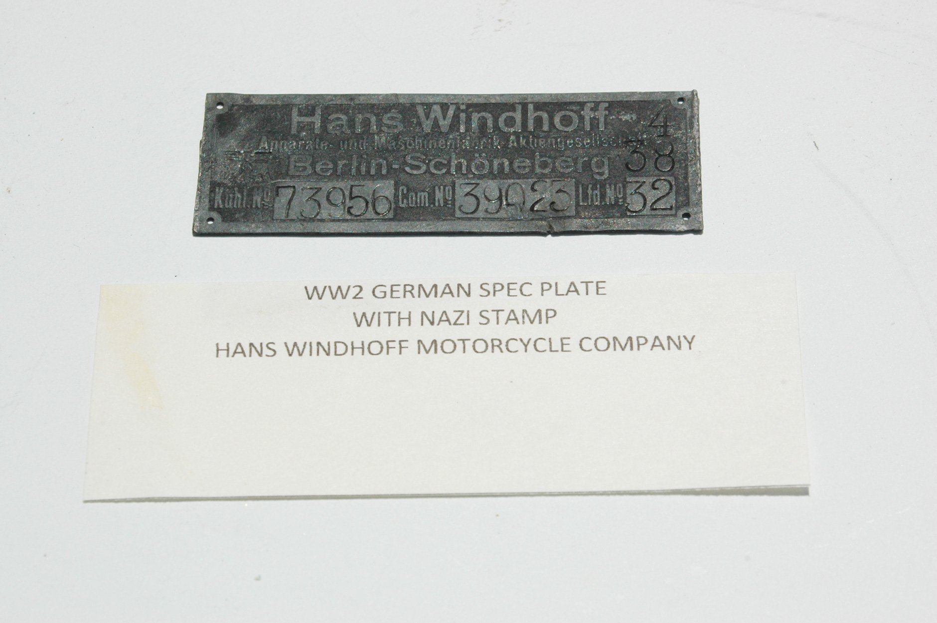 German WWII ID Plate for Motorcycle Company