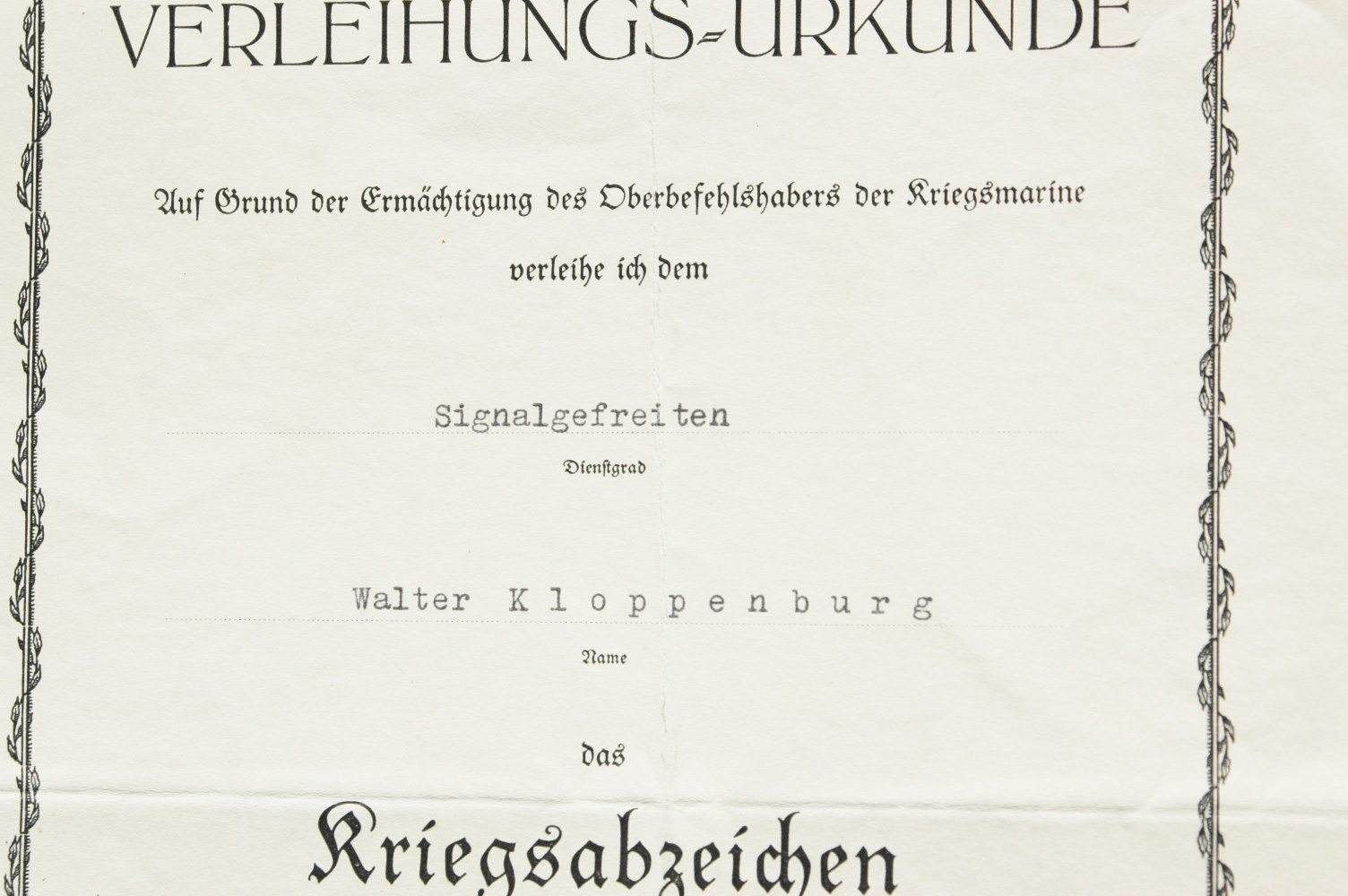 Walter Kloppenburg's MineSweeper Badge and Award for U-866